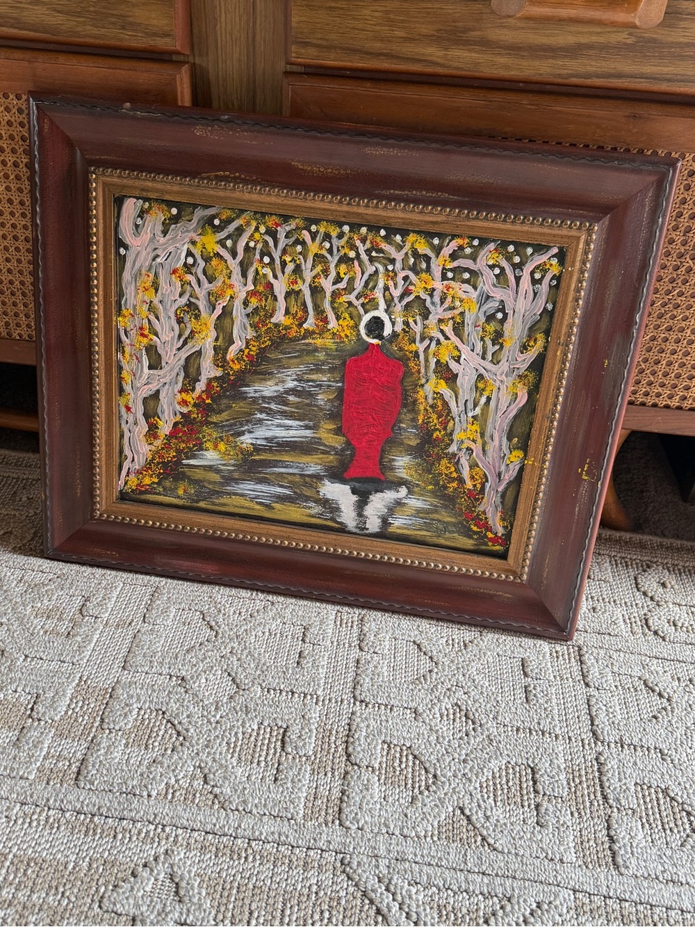 Vintage Original acrylic painting abstract Framed Red Figure Forest Wall Art 24”